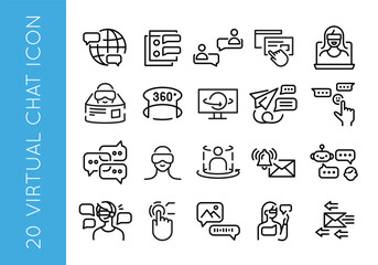 Set of 20 virtual chat icons. Cloud computing trendy minimal icons. Examples: Global Network, Database Security, File Synchronization, Message, network, Virtual Server. Vector illustration.