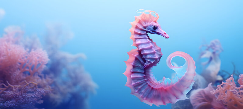 seahorse coming our of chrysalis, plain pastel purple background, ai generative