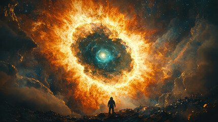 Gazing into the depths of a glowing nebula, a space traveler explores the vibrant colors of the cosmos in a stunning sci-fi environment