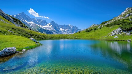 Fototapeta premium Serene alpine lake reflects snow capped mountains under a blue sky