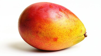 Obraz premium A close-up of a whole mango with a smooth, yellow-orange skin, isolated on white, highlighting its tropical appeal
