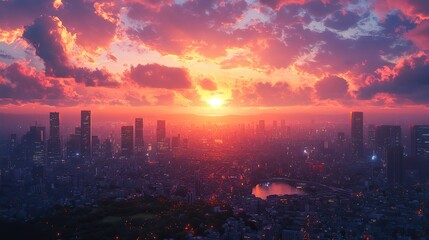 evening sunset view in anime wallpaper background peaceful sunset view romantic anime art style digital art illustration painting sunset over the city