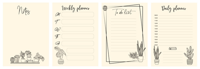 Set of weekly, daily planner pages, notes and to do list templates decorated by hand drawn house plant sketches. Modern scheduler or organizer. Vector monochrome illustrations. 
