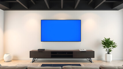 A digital TV screen mockup on a modern living room wall, with a blank screen ready for custom ads, art, or videos. Soft lighting adds to the cozy, inviting atmosphere.
