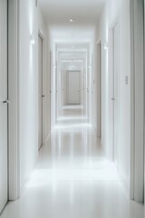 Long, bright corridor with white doors and lighting
