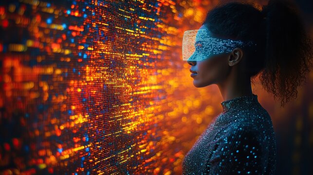 expert female it specialist engages with augmented reality interface on tablet at high tech server farm overseeing cloud computing operations for leading cybersecurity firm