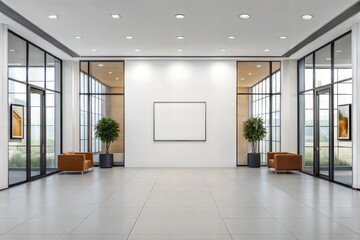 Fototapeta premium Office lobby with a large white wall and two meeting rooms