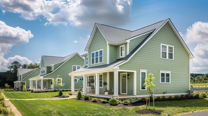 Wide-angle shot of a serene sage green house with siding, set against the backdrop of a meticulously landscaped suburban lot, under a sunny sky.
