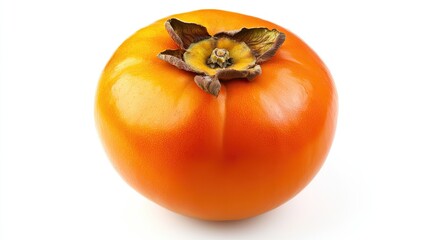 A ripe persimmon fruit with a glossy orange skin, isolated on a white background, perfect for health food and fruit themes
