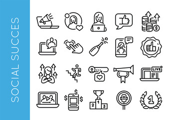 Social success icons. Set of 20 success trendy minimal icons. Income growth, Climbing stairs, Thumbs up badge icons. Design signs for web page, mobile app, packaging design. Vector illustration