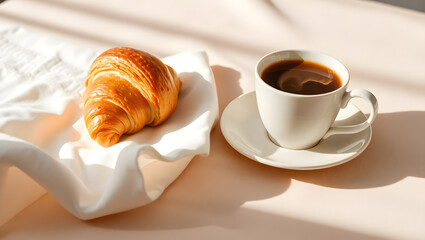 a delicious croissant and a cup of coffee, a perfect breakfast or afternoon snack on a beautiful day, accompanied by warm sunlight beaming through the window