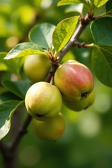 Close-up view of several small, ripening fruits hanging from a branch with vibrant green leaves in soft sunlight