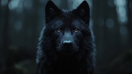 Naklejka premium Black wolf intense gaze dramatic backlight glowing eyes dark background wild predator moody lighting fine art photography minimalistic elegant isolated silhouette artistic aesthetic calm zen pet print
