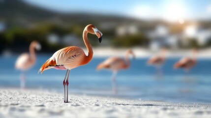 Obraz premium Graceful Flamingo Standing on Sandy Beach with Blue Water Background and Soft Sunlight Highlighting Its Feathers