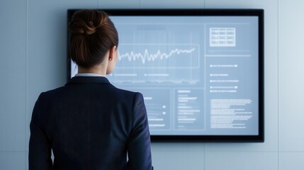 Corporate female leader presenting company goals with a large interactive display
