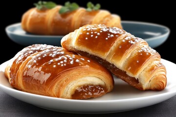Fototapeta premium Golden Croissants with Glaze Served on White Plate against Dark Background for Gourmet Food Presentation