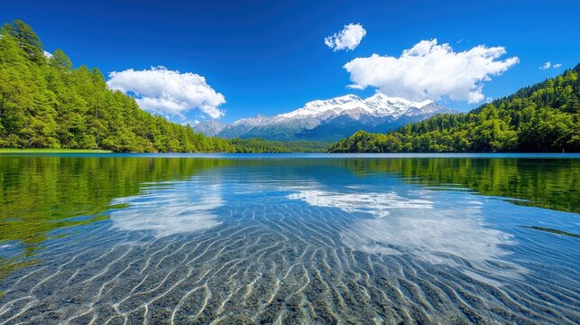 Tranquil lake reflects scenic mountains trees and beautiful blue sky