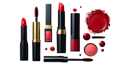 Obraz premium Red Lipstick Makeup Flat Lay: Beauty Products Collection, Cosmetics Still Life, Fashion Photography, Glamour Essentials