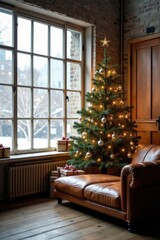 Fototapeta premium A Festive Christmas Tree Illuminates a Cozy Leather Chaise Lounge Beside a Window with a Snowy View