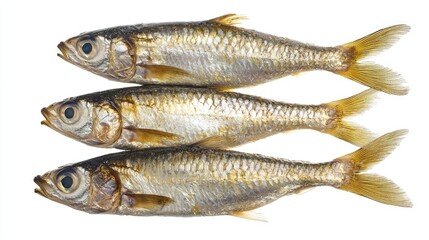 Obraz premium Close-up of fresh raw sardines, isolated on a white background, emphasizing their silver sheen and firm texture for Mediterranean cuisine