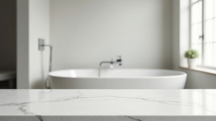 Fototapeta premium Clean Modern Bathroom Vanity Top with Blurred Background of Freestanding Tub