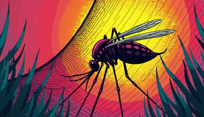 Mosquito on net at sunset, digital illustration