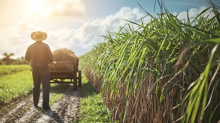 Sugarcane Plantation in Louisiana with Worker Harvesting Stalks