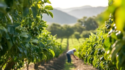 Verdant Avocado Orchard in Coastal California with Farmer Inspecting Ripe Harvest under Bright Natural Light