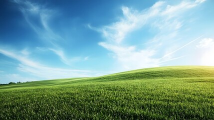 Obraz premium Tranquil Countryside Landscape Under a Brilliant Sunny Sky with Lush Green Rolling Hills