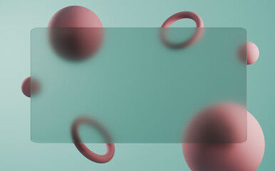 Abstract composition featuring floating spheres and rings against a soft pastel 3d render background