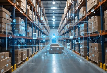 Smart warehouse management system using augmented reality technology to identify package picking and delivery. Future concept of supply chain and logistic business 