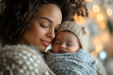 Obraz premium Mother holding her sleeping baby close to her face with Christmas lights in the background