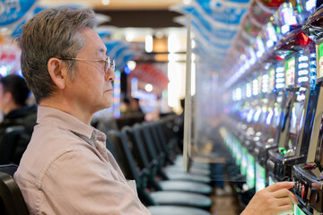 スロットマシンを遊戯する男性