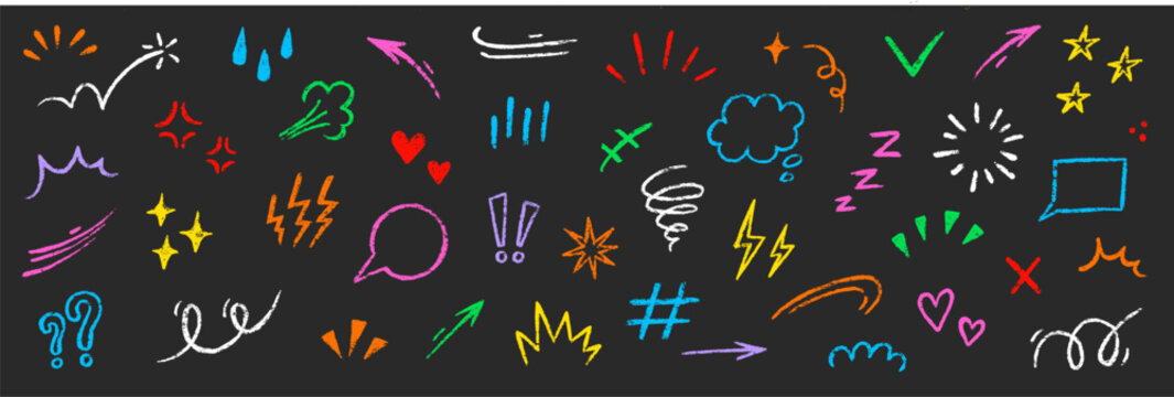 Line movement comic element, cartoon emotion mark effect decoration icon. Hand drawn cute doodle line element arrow, heart, speech bubble. Anime movement, express shape. Vector illustration