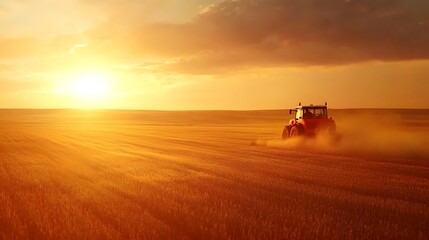 Fototapeta premium Hardworking Farmer Drives Powerful Red Tractor Across Vast Golden Wheat Field at Vibrant Sunset