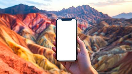 A woman holds a phone with an empty white screen against the background of an amazingly beautiful mountain range. The colored rocks of Zhangye Danxia in China. Phone mockup. Travel, adventure