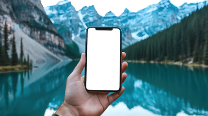 Lake Moraine in Canada. A phone mockup for the presentation of a mobile application about tours to...