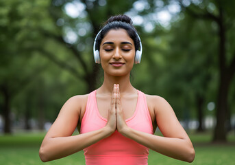 Fototapeta premium Woman Meditating with Headphones On, Young Woman Doing Yoga at Home, Generative AI image