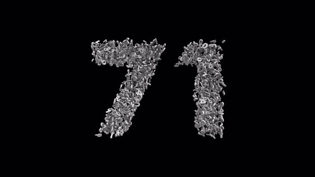 Number 71 Made of Numbers with Alpha Channel. 3D Font Number Animation. Transparent Background