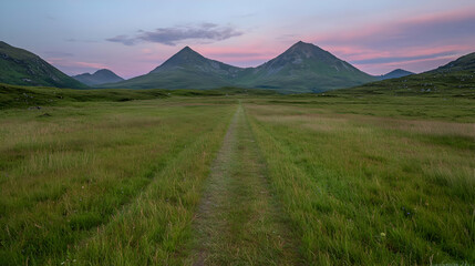 Obraz premium Narrow dirt path leads through a green grassy valley towards twin mountain peaks under a colorful sunset sky.