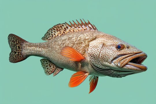 Close up of a brown spotted grouper with orange fins