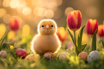 Cute yellow chick enjoying easter morning in a field of tulips