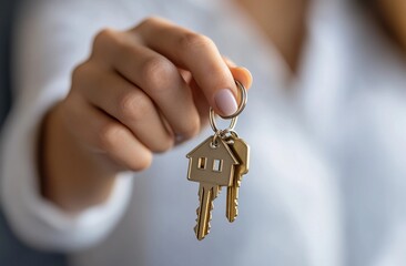 Close-up of a woman's hand holding a house-shaped keychain with golden keys, symbolizing homeownership, real estate investment, and new beginnings