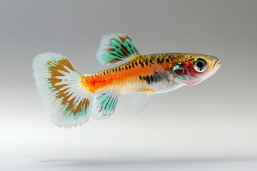 Fototapeta premium Single vibrant male guppy fish swimming against a gray background