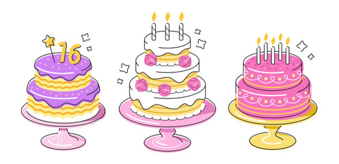 Birthday cake with candles. Party surprise. Cakes and sweets set. Festive decoration for holiday