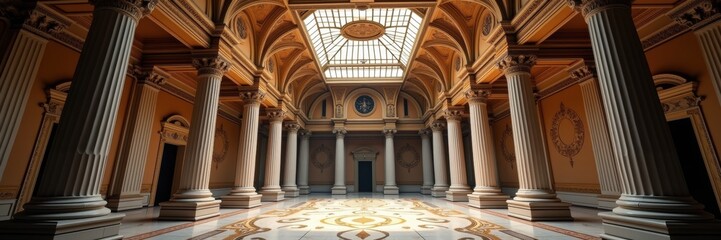 A grand, elegantly designed interior featuring tall columns, intricate moldings, and a skylight, perfect for showcasing luxury, history, or architectural themes.