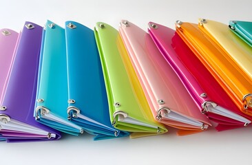 Colorful notebooks arranged in a spectrum on white background
