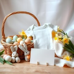 easter eggs in a basket on wooden background