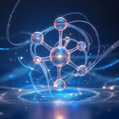 An abstract representation of transparent hydrogen molecules, interconnected in a sleek, geometric pattern on a vibrant blue background.