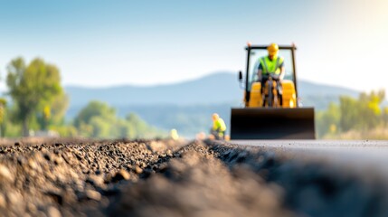 Construction workers in hard hats and safety vests operating heavy machinery on a highway construction site, paving a new lane of asphalt.